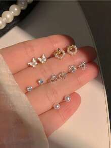 6對甜美耳釘耳環套組，精緻愛心蝴蝶珍珠耳環，極簡可愛女孩日常佩戴飾品 - 彩色 - 查看 4