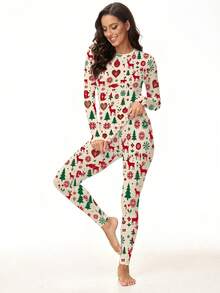 女款秋冬休閒舒適薄刷毛聖誕與萬聖節印花圓領長袖上衣與修身長褲保暖居家休閒服套裝，2件組 - 杏色 - 查看 6