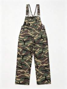 Men's Camouflage Denim Overalls, Non-Stretch Loose Straight Leg Cargo Pants, Adjustable Shoulder Straps, Multi-Pockets, Streetwear Outdoor Style - Dark Green - View 7