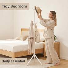 White Floor Standing Coat Rack, Entryway Bedroom Hanging Clothes Rack, Tree-Shaped Multi-Hook Tripod Stable Design, No Assembly Required Minimalist Storage Rack - White - View 2