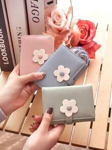 Flower Short Coin Wallet, Simple Black And White Contrasting Color Three Fold Wallet, Compact And Portable Multi Slot Coin Wallet, Cute Storage Wallet - Multicolor - View 1