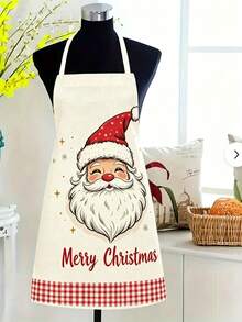 1pc Christmas Print Kitchen Apron, Santa Claus & Nutcracker Pattern Sleeveless Cooking Apron, Red Plaid Hem Waterproof Oil-Proof, Christmas Home Kitchen Decor Gift - Multicolor - View 3