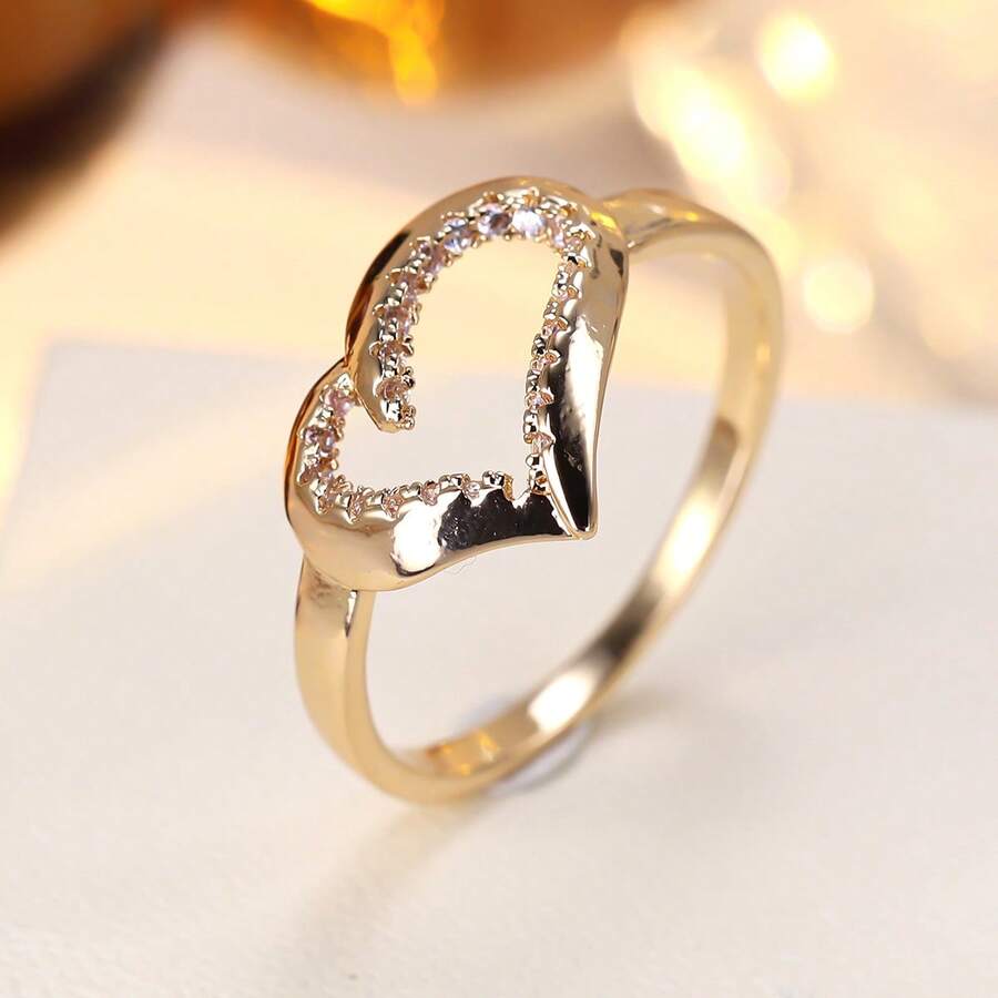 1pc Minimalist Fashion Heart-Shaped Design Cubic Zirconia Inlaid Women's Ring, Holiday Gift, Couple Gift Design - Multicolor - View 1