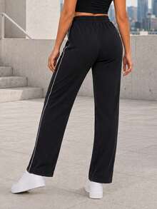 Women's Casual Wide Leg Pants With Contrast Side Stripes, Drawstring Elastic Waist, Straight Leg Fit And Side Pockets - Black - View 6