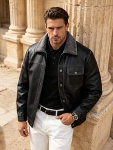 Men's Autumn/Winter Minimalist Thermal-Lined Leather Jacket With Pockets - Black - View 3