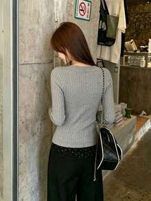 Grey Long Sleeve Knit Sweater Base Layer Top For Women, Slimming Korean Style Early Autumn New Arrival - Grey - View 4