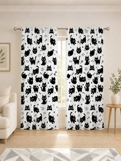 2 piezas de cortinas con estampado de gato negro de dibujos animados en blanco y negro, impresión de un solo lado, semi-opacas - cortinas con bolsillo para barra, decoración para dormitorio, cocina y sala de estar, múltiples tamaños disponibles, protección de privacidad, lavables a máquina, resistentes a la decoloración, decoración para dormitorio, cocina y sala de estar (barra no incluida)