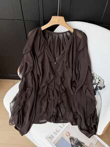 GMFP Women's Autumn Deep Coffee V-Neck Ruffle Lantern Sleeve Short Chiffon Blouse, Bohemian Style Ruffle, Daily Gathering Back To School Graduation Season Women's Outfit Piece, Halloween Christmas Top - Brown - View 3