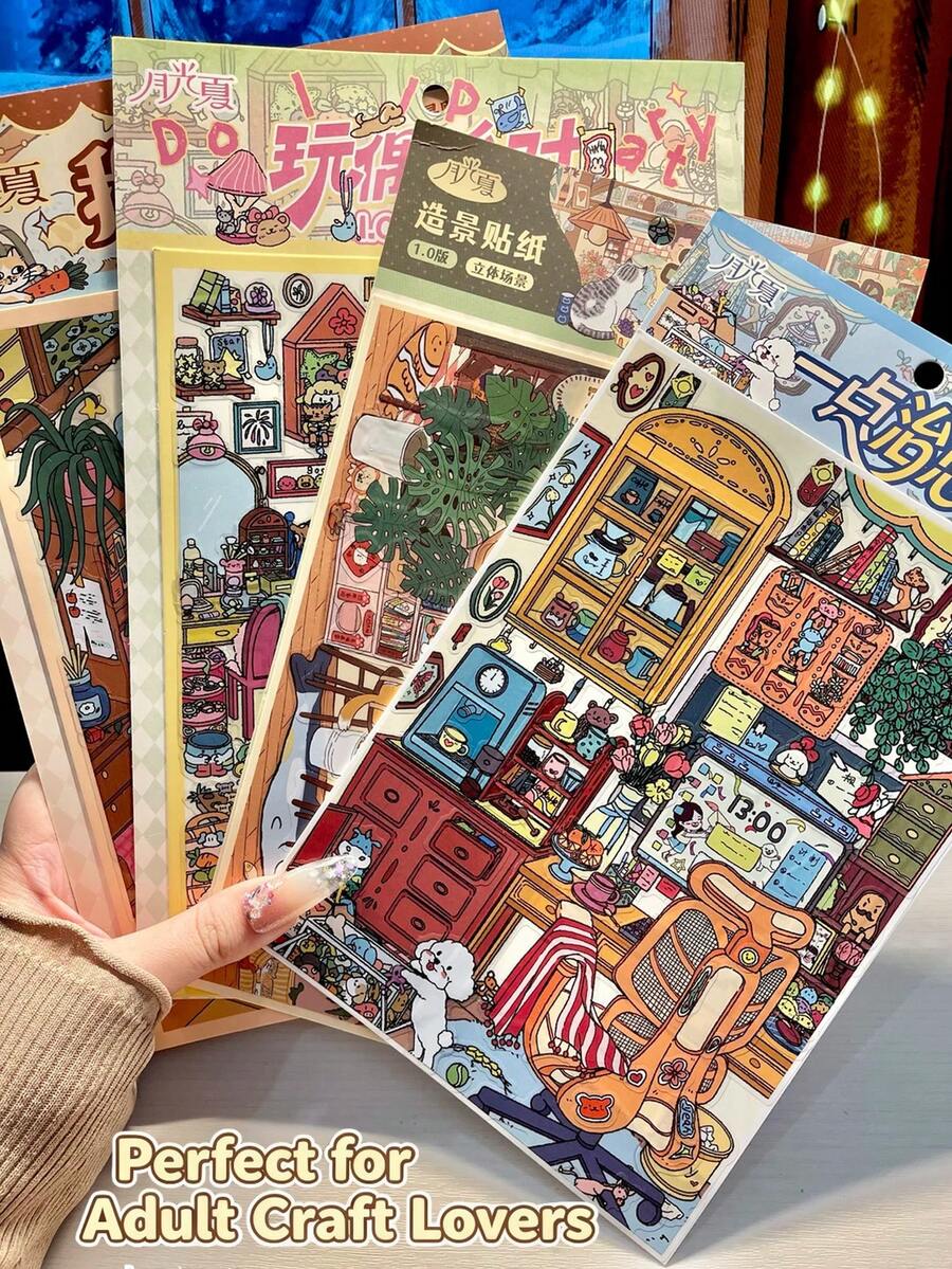 Decorative House Scene Stickers,3D Miniature Landscape Stickers, Scenery Stickers, Cute Scenery Stickers, DIY Collage Craft Stickers, Stress Relief Sticker Therapy For Adults, Desktop Decor, Scrapbooking Supplies,Journal Scrapbook