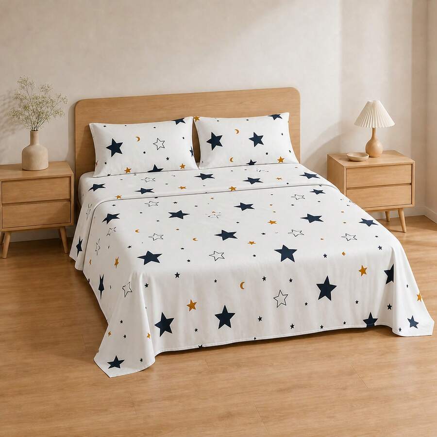 POLIGONO Juego de sábanas estampadas POLÍGONO, 3 o 4 piezas, con sábana ajustable y fundas de almohada - Noche estrellada - Ver 1