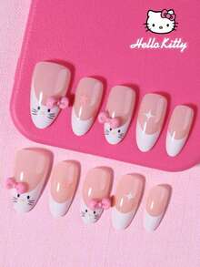 Sanrio Hello Kitty 30片裝 Y2K 杏仁形白色法式指尖穿戴甲，可愛 Hello Kitty、星星與蝴蝶結裝飾，完美貼合壓克力假指甲套組，含 1 片果凍膠與 1 片指甲锉，適合女孩日常與派對使用 - 彩色 - 查看 3