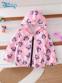 Disney Authorized Girls' Spring/Autumn Jacket, Pink & Navy Blue Cartoon All-Over Print, Cute Girly Style, Regular Shoulder, Elastic Cuffs, Hooded Windproof Design, Fits 4-8 Years Old Girls, Versatile For Daily Wear, Casual, Vacation, Party, Gathering - Pink - View 1