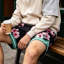 1PC Men Cherry Blossom Floral Print Mesh Athletic Shorts Contrast Striped Hem Elastic Waist Loose Fit Breathable Basketball Street Workout Casual Short Pants With Side Pockets - A - View 5