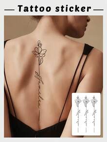 1 Sheet Waterproof Temporary Fake Tattoo, Long Vertical Floral Cursive Script Tattoo Sticker, Fine Line Body Decor For Spine Back - Black - View 1