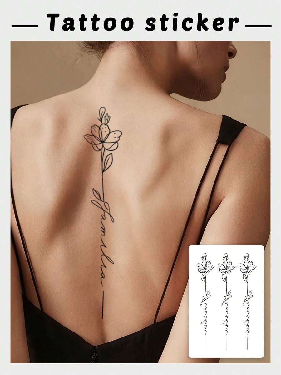 1 Sheet Waterproof Temporary Fake Tattoo, Long Vertical Floral Cursive Script Tattoo Sticker, Fine Line Body Decor For Spine Back - Black - View 1