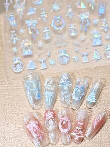 1件裝 冷色調冰雪風聖誕壓紋貼紙，包含水晶球、蝴蝶結、聖誕樹、雪花、鹿等元素，藍白配色，柔和清冷色調，精緻3D紋理，自黏式，營造冬季清涼夢幻氛圍 - 彩色 - 查看 4