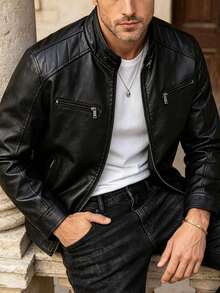 جاكيت جلد بياقة واقفة بتصميم بسيط للرجال لفصل الخريف/الشتاء - الأسود - مشاهدة 1