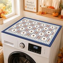 Luckybutterfly 1PC Vintage Moroccan Tile Washing Machine Top Mat, Non‑Slip Waterproof Washer Dryer Counter Protector Drain Pad, Mediterranean Laundry Room Decor - Multicolor - View 2