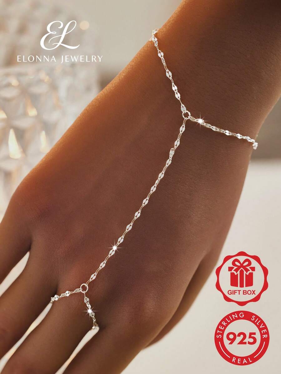 SYMFNY 極簡獨特 925 純銀亮面唇形鏈條戒指與手鍊 - 銀色 - 查看 1