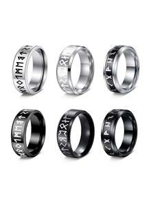 6Pcs 8mm Vintage Viking Rune Stainless Steel Men's Rings, Unisex Couple Jewelry Set, Unique Accessories For Daily, Party, Festival & Business Wear - Multicolor - View 8