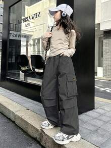 新款女童工装裤，适合大龄少女的纯色休闲长裤 - 灰色 - 查看 5