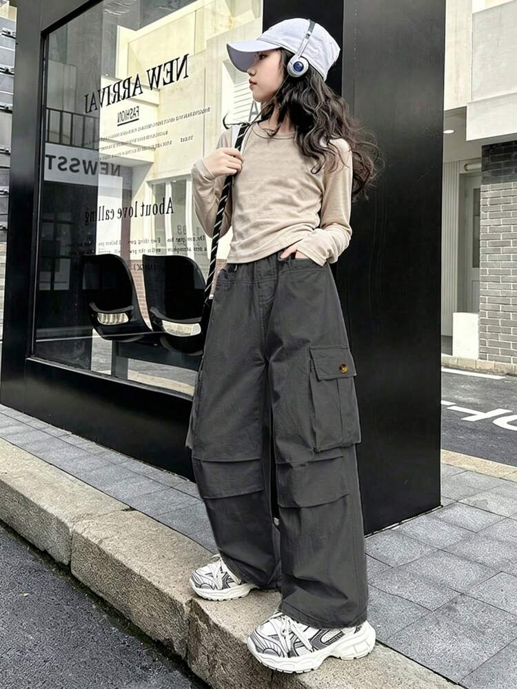 New Style Girls' Utility Pants, Casual Solid Color Trousers For Older Tween Girl - Grey - View 5