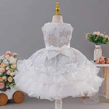 Tween Girl Sequin Puff Cake Princess Dress, Wedding Flower Girl, Birthday Party, Holiday Gathering, Piano Performance Evening Gown - White - View 4