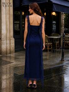 Navy Blue| Women's Elegant Navy Blue Sequin Mesh Ruffle Trim Bodycon Maxi Dress - 藍色 - 查看 4