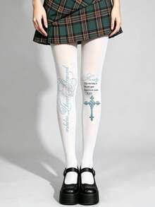 JK Print Tights, Personalized Sexy Y2K Vintage Cross Print Pantyhose - Multicolor - View 5