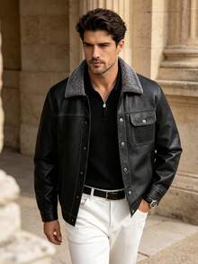 Men's Autumn/Winter Minimalist Thermal-Lined Leather Jacket With Pockets - Black - View 2