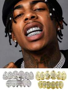 2件組金色牙套 Grillz，鑲鑽冰感嘻哈牙飾，亮金牙套時尚配件，適合男女派對佩戴 - 彩色 - 查看 1