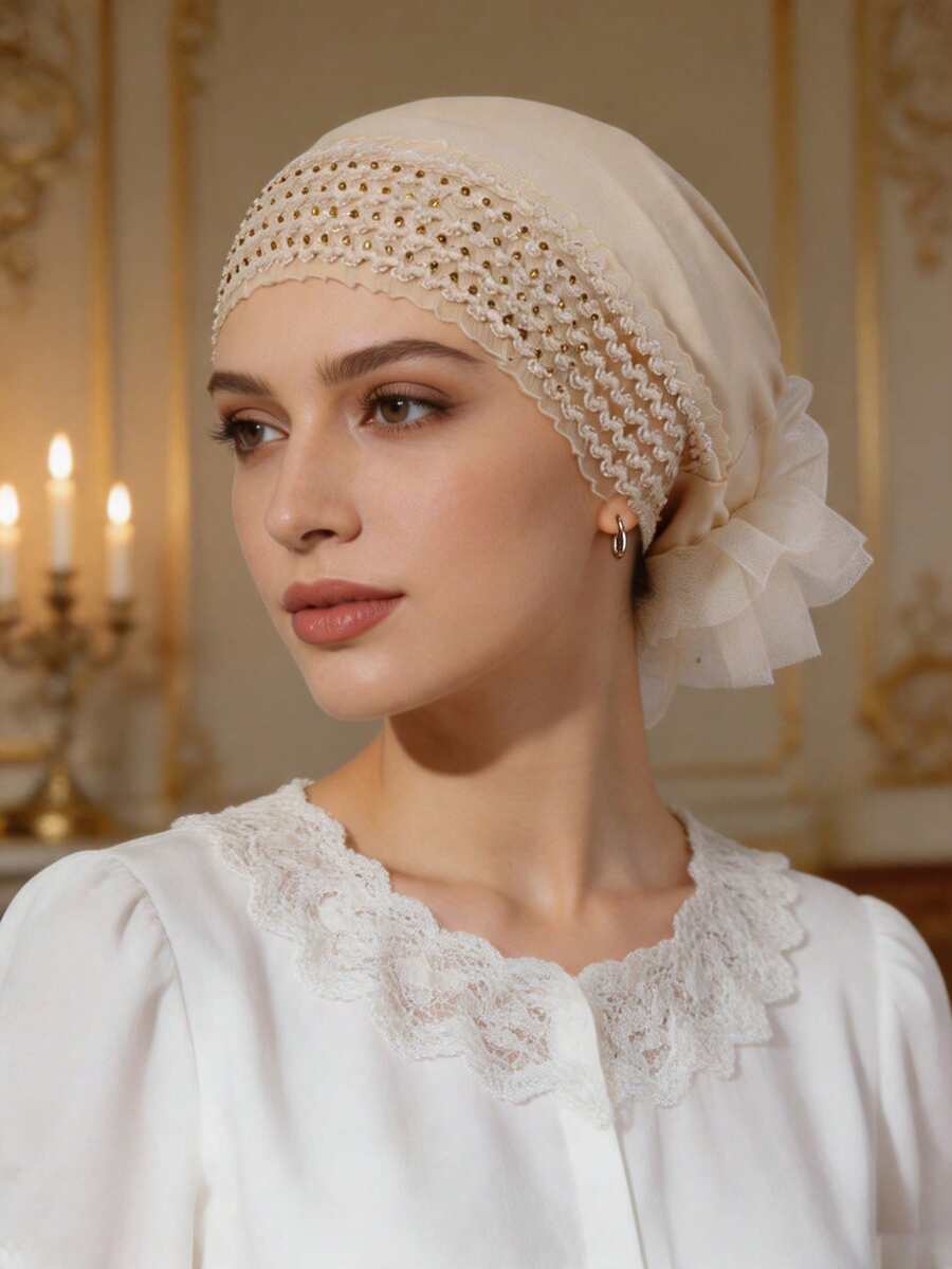 1pc Women's Lace Rhinestone Hair Cap, Ruched Design Women's Headscarf Hat, Handmade Rhinestone Elastic Headscarf Hat, Suitable For Women - Apricot - View 1