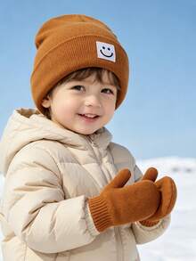 1 Set Baby Winter Knitted Hat And Gloves Set, Elastic Yarn Smile Label, Warm And Comfortable Toddler Hat And Gloves Set, Suitable For Daily Outdoor - 1set - View 2