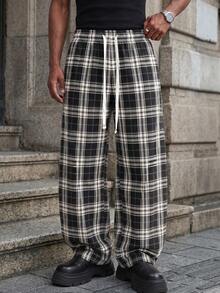 Couples Unisex Casual Home Lounge Pants, Plaid Pattern Wide Leg Pants, Casual Style Pants, 100% Polyester Material, Fashionable And Stylish, Draping Pants, With Drawstring Waistband For Easy Adjustment, Available In Multiple Colors - Black and White - View 7
