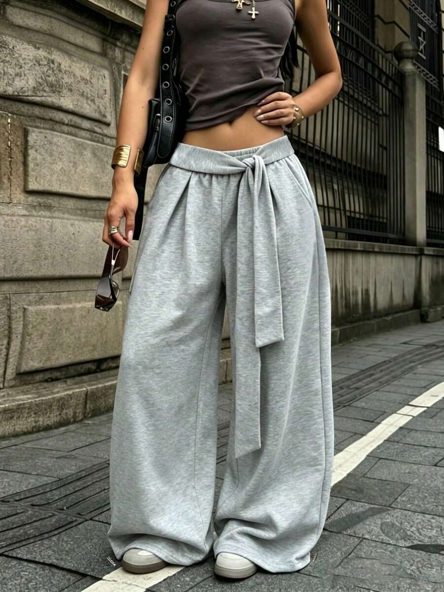 Women's Sports Wide Leg Pants With Waist Tie Design, Adjustable Drawstring Hem, Elastic Waist, Casual Long Pants For Spring And Summer Fall - Light Grey - View 1