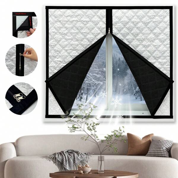 1PC Black Zippered Curtain, Windproof & Warm Winter Window Curtain, Bedroom Cold-Proof Sealing Window Insulation Film