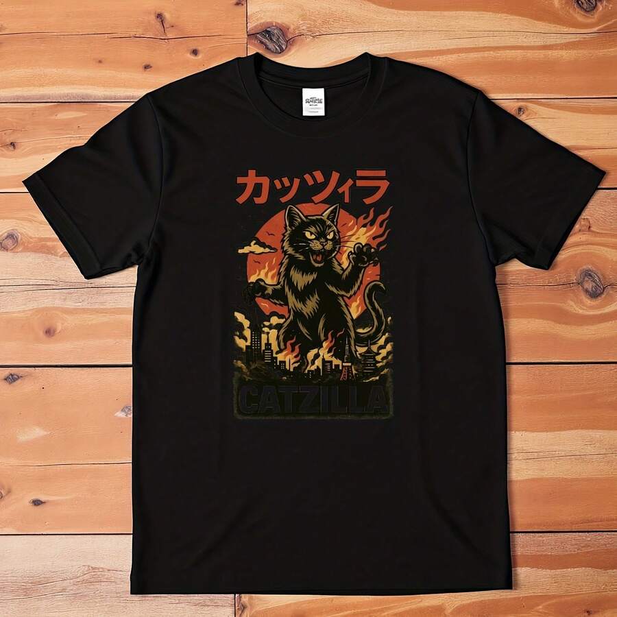 Catzilla T-Shirt Funny Cat Kaiju Graphic Tee Japanese Monster Parody Cat Lover - 款式 - 查看 1