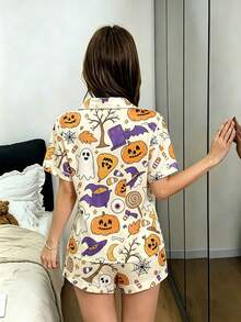 Dreamivo Women's Halloween Skull Ghost Pumpkin Print Collared Button-Up Shirt With Pockets Short Sleeve Top And Printed Shorts 2-Piece Pajama Set - Multicolor - View 2