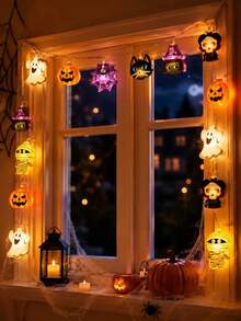 1pc Halloween Combination LED String Lights, Battery Powered, 10/20 LED Beads, Pumpkin, Ghost, Witch, Mummy And Spider Web 8 Shapes, Suitable For Bedroom, Living Room, Door & Window, Party Decoration - Multicolor - View 7