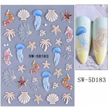 1pc 5D Embossed Ocean Style Nail Art Sticker, Colorful Starfish Shell Coral Pattern, Summer Beach Theme Nail Decoration, DIY Self-Adhesive Nail Decal, Suitable For Women And Girls - Multicolor - View 10