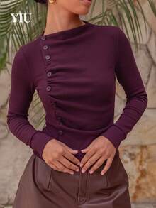 YIU Women's Burgundy Knit Long Sleeve Mock Neck Fitted Top, Button Detail Design, Suitable For Autumn Wear, Casual And Daily Use - Purple - View 5