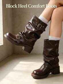 1 Pair Casual Mid-Calf Ruched Boots..Great Choice For Outdoor Shopping, Vacation, Leisure And Entertainment, Shopping Mall - Brown - View 4