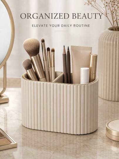Makeup Brush Holder/PU Leather Cosmetic Display Box/Retro Striped Makeup Brush Rack - Suitable For Vanity Decoration, Bathroom Countertop, Desk Storage Cosmetic Display Box (Cream) , Makeup Room Decor,Makeup Bag,Travel Essential