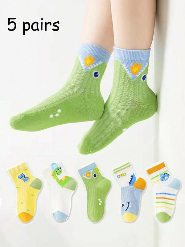 5 Pairs Summer Thin Mesh Children's Socks, Cute Cartoon Dinosaur Striped Letter Mid-Calf Socks, Breathable Soft Casual Socks, Suitable For 2-16 Years Old Boys