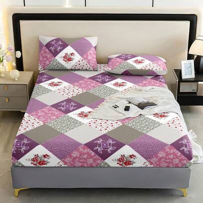 3pcs Bed Sheet Set[1 Bed Sheet + 2 Pillowcases]100% Polyester/Pillowcase Color Random/No Filling/New Modern Style/Fashionable Diagonal Plaid Pattern-Deep Pocket/Tight Fit/King/Queen/48H No Slippage/Suitable For Various Holidays And Daily Use|Double/Full Size/Easy To Use/High-End Luxury Classic Design Bedding, Soft Fabric, Skin-Friendly, Comfortable, Suitable For Bedroom, Hotel, Dormitory