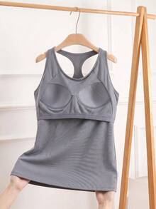 Plus Size 2-In-1 Ribbed Tank Top Built-In Molded Cup Racerback Cami For Women Fall Layering Daily - Grey - View 8