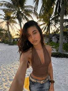 女款夏季性感修身前綁帶抓皺純色內搭上衣 - 摩卡棕 - 查看 6