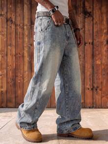 Men's Vintage Washed Wide Leg Jeans With 3D Split Seams, Red Star Swirl Embroidery On Back Pockets, Loose Straight Leg Casual Versatile Long Pants - Blue - View 5