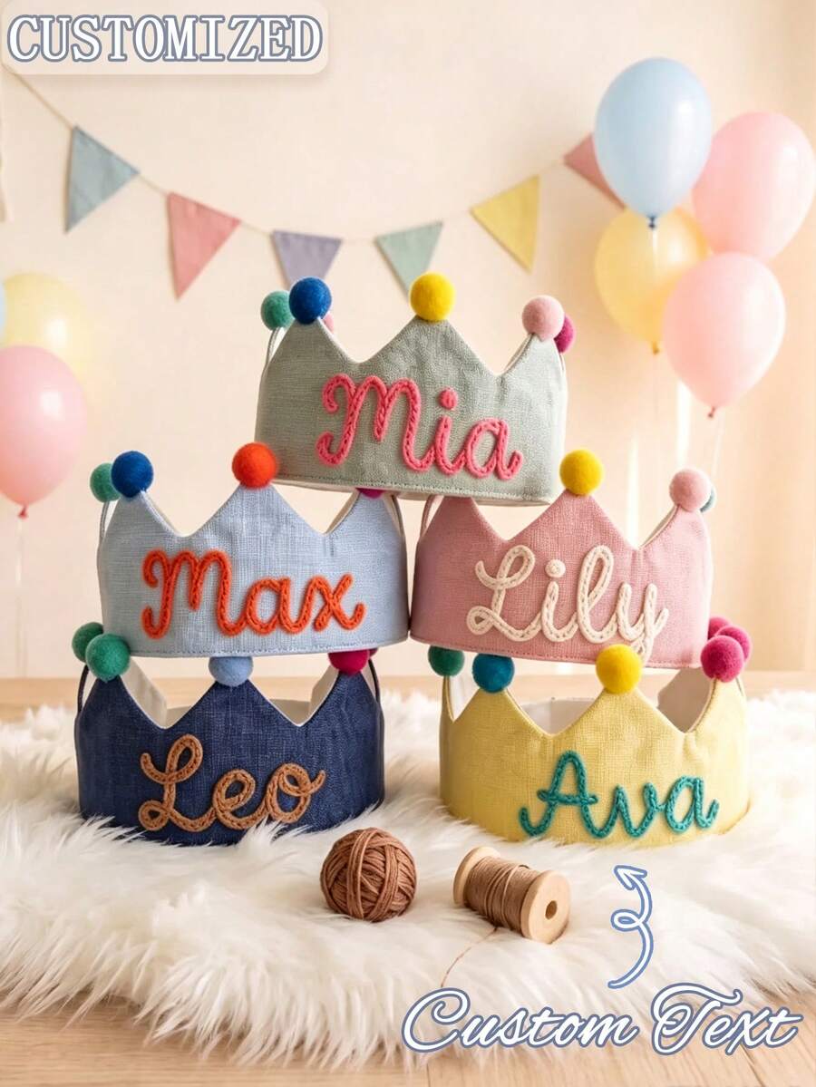 Customized Embroidered Name Linen Crown Hat, Handmade Felt Pom Pom Decor Party Crown, Personalized Keepsake Headpiece, Birthday Celebration Photo Prop, Soft Fabric Decorative Crown Accessory, 1st Birthday Party Keepsake, Aesthetic - Multicolor - View 1