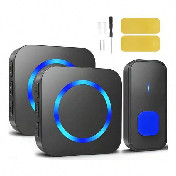 Timbre inalámbrico impermeable con luz LED, 1 transmisor y 2 receptores, timbre electrónico para casa con alerta visual y sonora, volumen ajustable y múltiples tonos, diseño resistente al agua y polvo, alcance amplio para hogar, oficina o negocio, instalación fácil sin cableado, señal clara y estable, ideal para p